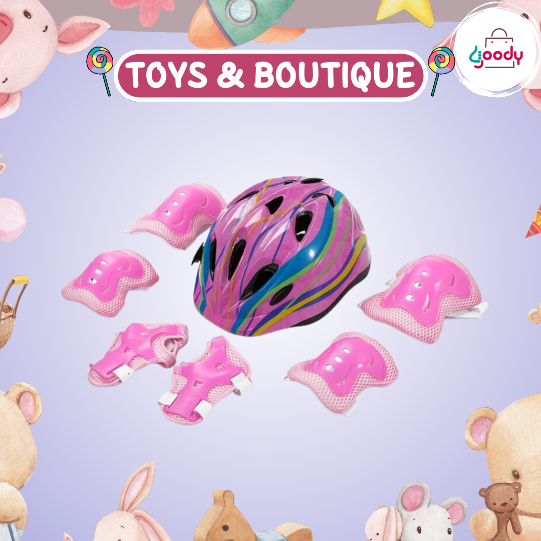 Goody - 兒童單車頭盔+護膝(一套六件) 配可調節帶 粉紅彩色
