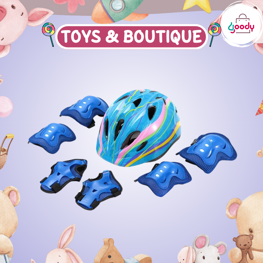 Goody - 兒童單車頭盔+護膝(一套六件) 配可調節帶 粉藍彩色